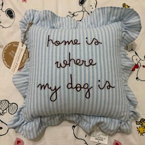 Home Is Where My Dog Is Striped Pinstripe Decorative Pillow Ruffles Embroidered